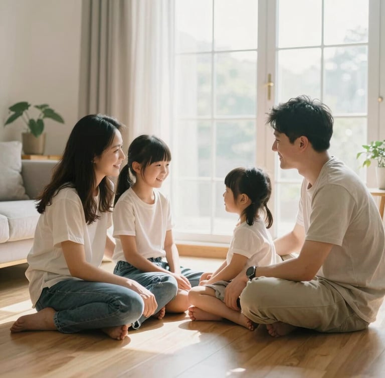 A family sitting on a wooden floor in a bright, naturally lit living room, soft window light, warm editorial photography style