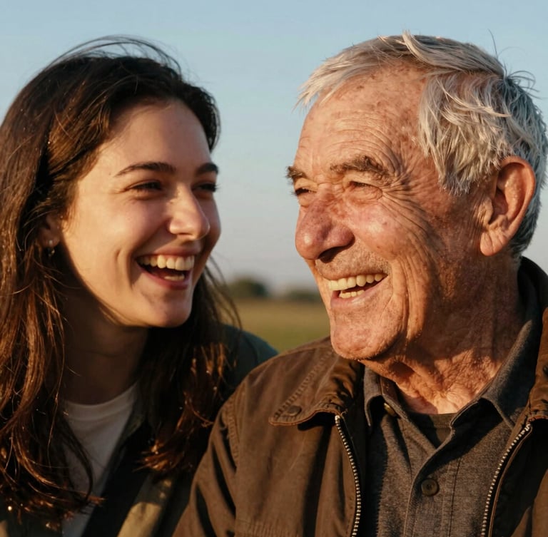 A close-up candid portrait of an elderly man and a young woman laughing together outdoors under warm, golden-hour sunlight, rich organic tones, highly detailed, 35mm film aesthetic.