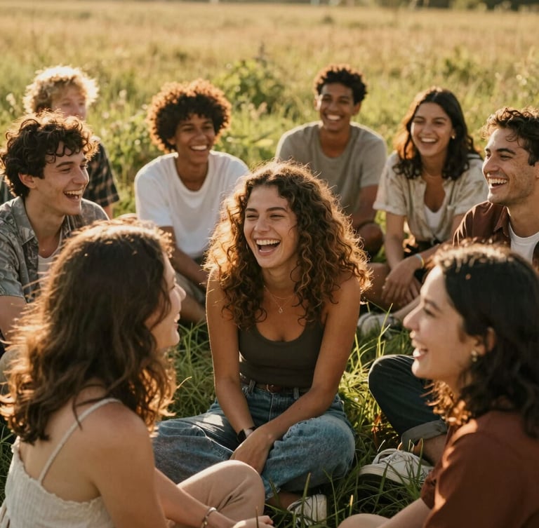 Candid photograph of a diverse group of friends laughing together in a sun-drenched meadow, warm golden-hour light, rich organic tones, 35mm film aesthetic