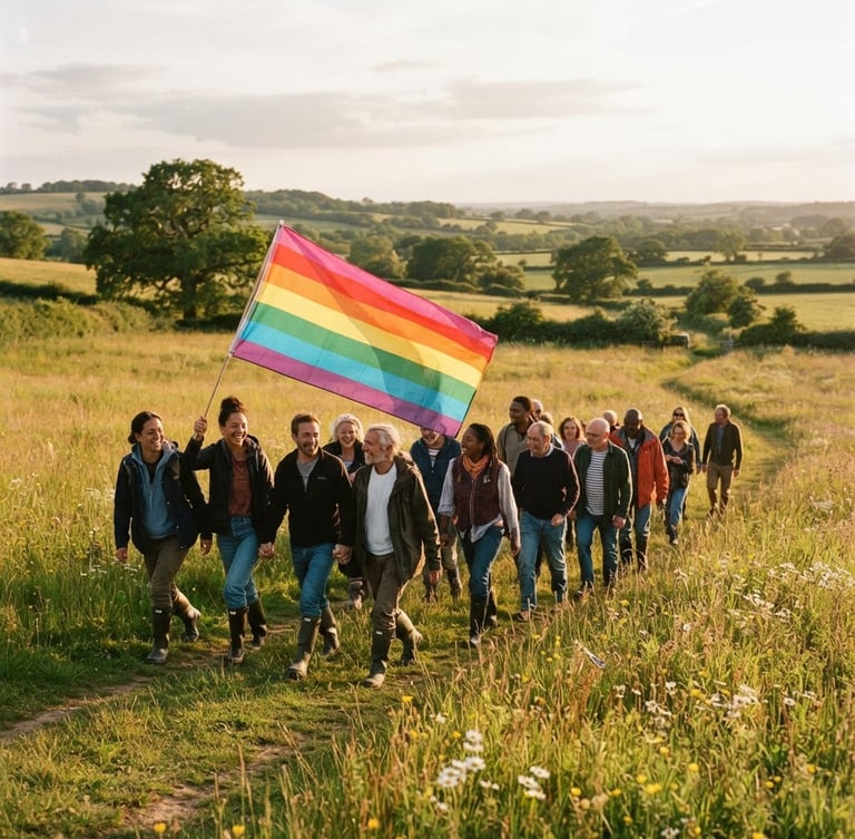 A wide-angle candid photograph of a diverse group of people walking together through a sun-drenched Berkshire meadow at golden hour, carrying a large original eight-stripe rainbow flag catching the natural wind, 35mm film aesthetic.