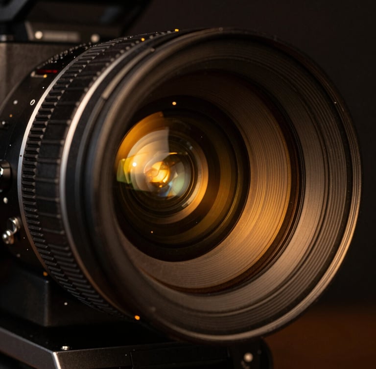 Macro close-up of a high-end cinema camera lens with glowing amber studio backlighting reflecting off the glass, anamorphic lens, 35mm.
