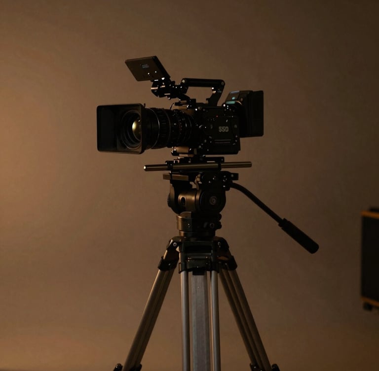 Cinematic studio photography of a professional camera rig on a heavy tripod, moody low-key lighting with subtle amber backlights, deep shadows, anamorphic lens, 35mm
