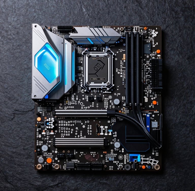Overhead flat-lay of a custom liquid-cooled PC motherboard on a dark slate workbench, glowing neon blue RGB accents, sharp macro details of clean cable routing.
