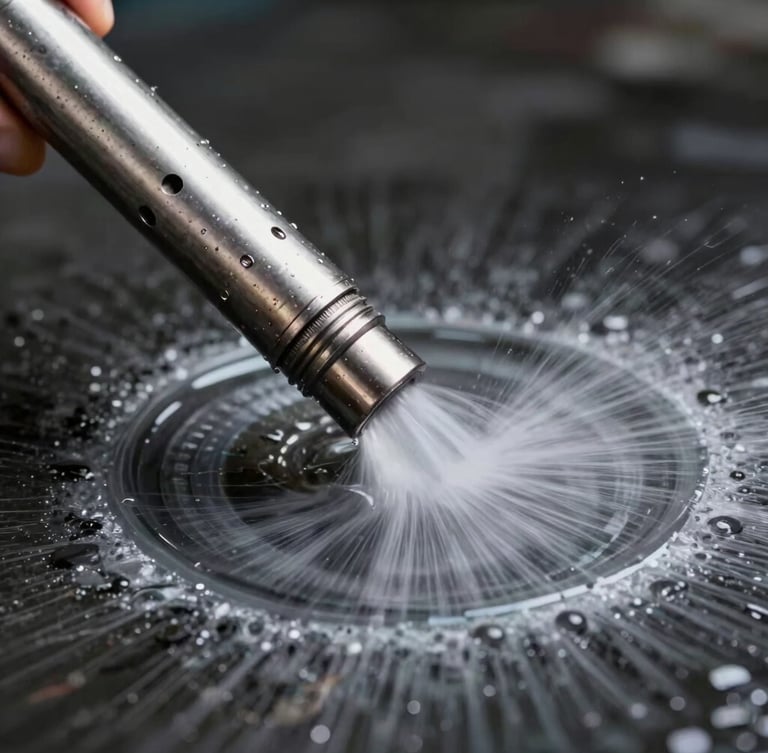 Close-up of high-pressure hydro-jetting steel nozzle spraying water in a clean circular pattern, sharp focus, metallic reflections, dark background.