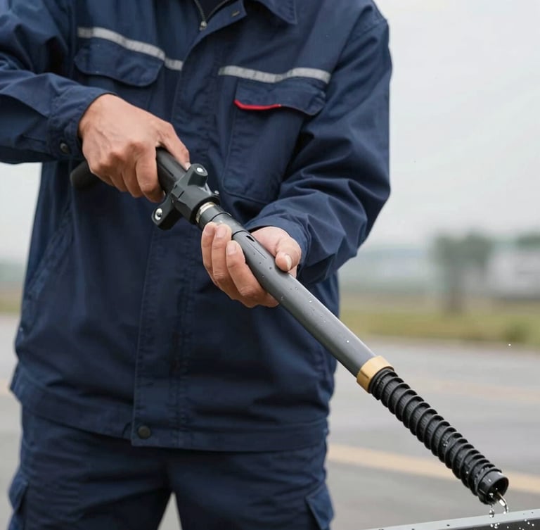Direct eye-level action shot of a professional technician in a clean navy uniform operating a high-tech drain snake, sharp realistic lighting, clear water droplets visible, professional utility setting.