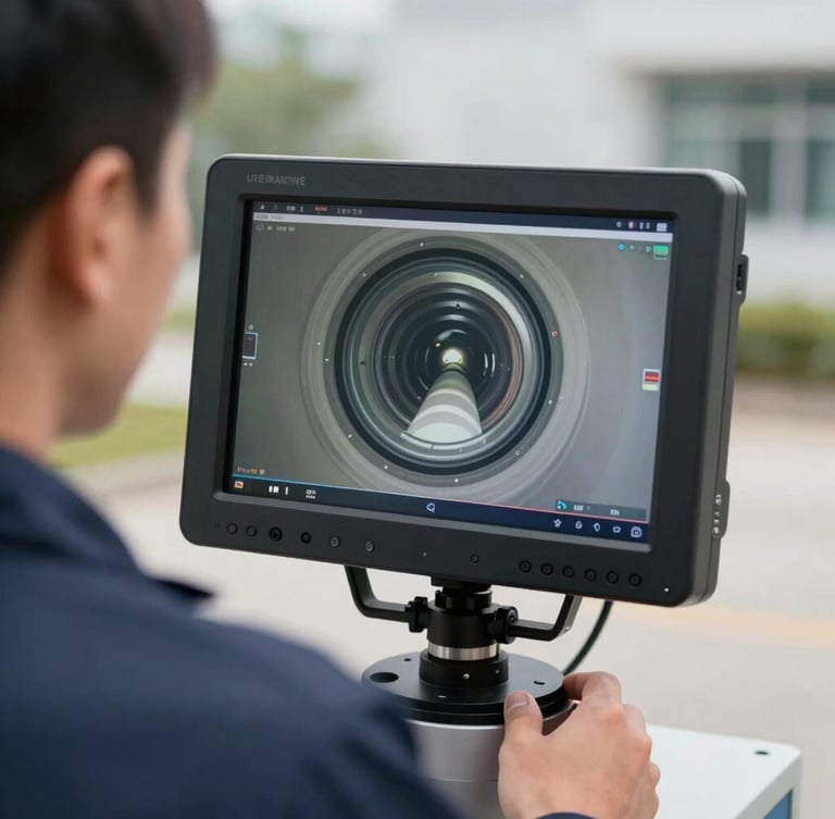 Close-up of a high-tech video inspection monitor displaying a clean pipe interior, held by a technician in a clean navy blue uniform, sharp realistic lighting, outdoor daytime background.
