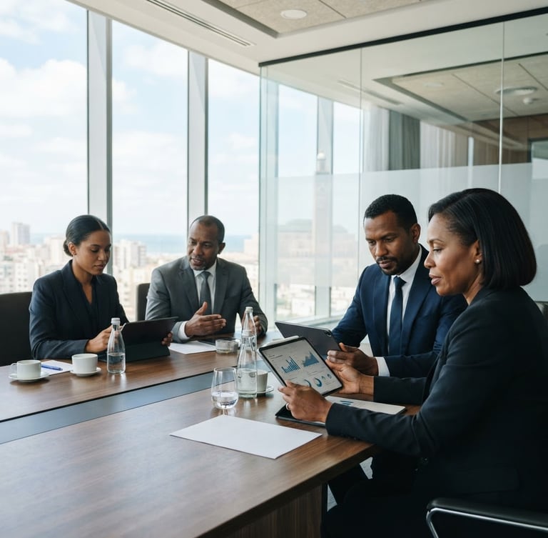 Editorial medium-wide shot of African financial executives in a modern Casablanca boardroom reviewing data on tablets, bright natural light, shallow depth of field, 35mm