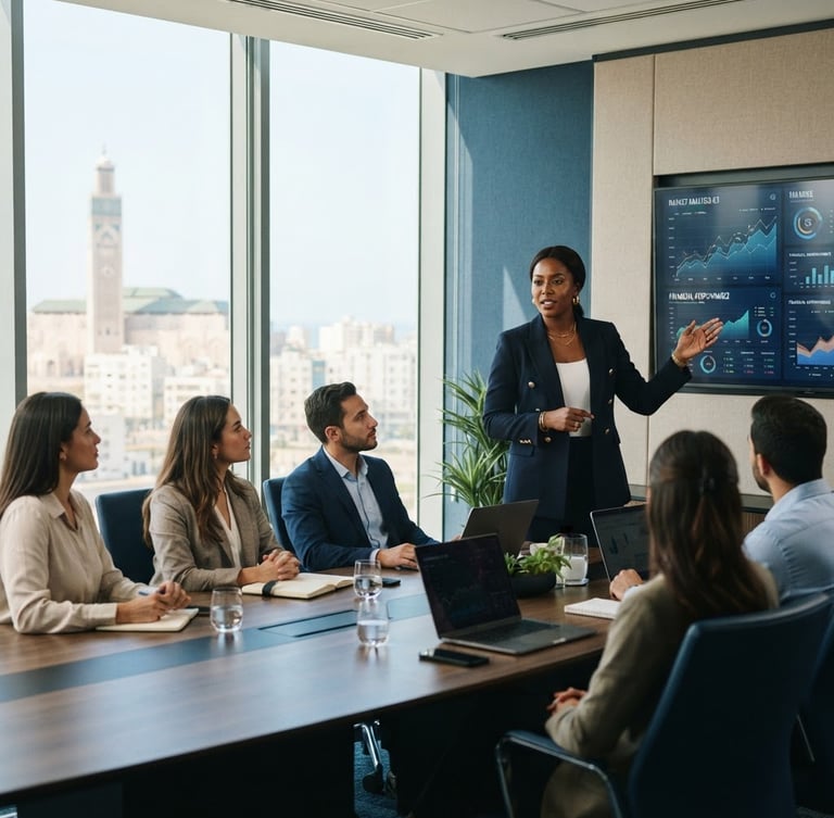 Corporate editorial photography of a modern boardroom in Casablanca, an African female financial executive presenting data on a screen to colleagues, bright natural architectural light, shallow depth of field, 35mm.