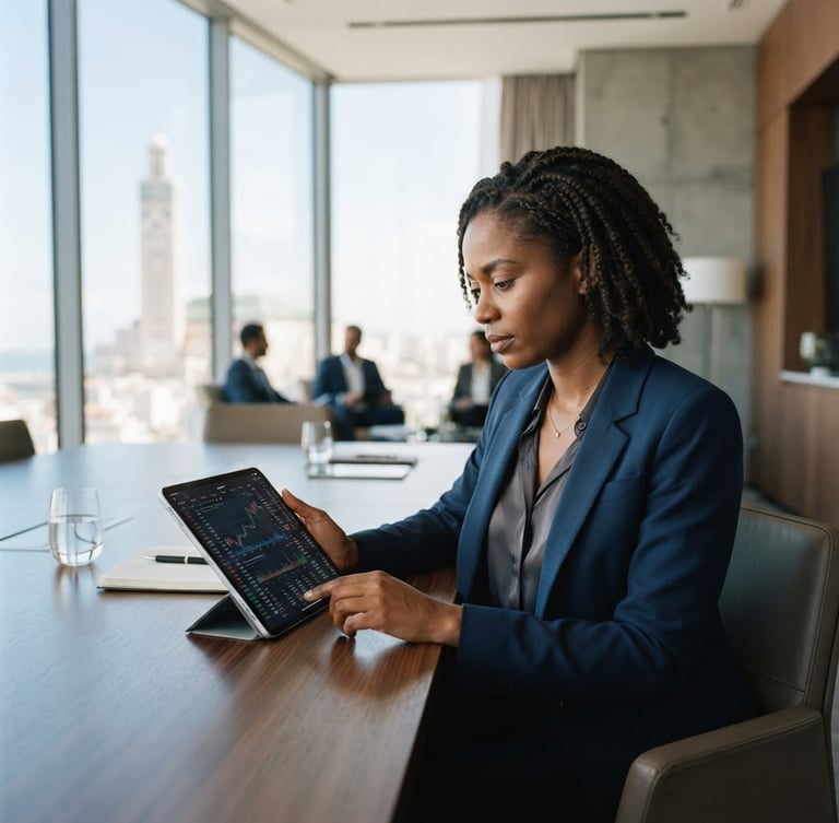 Medium-wide editorial shot of an African financial executive analyzing data on a tablet in a modern Casablanca boardroom, bright natural architectural light, shallow depth of field, 35mm