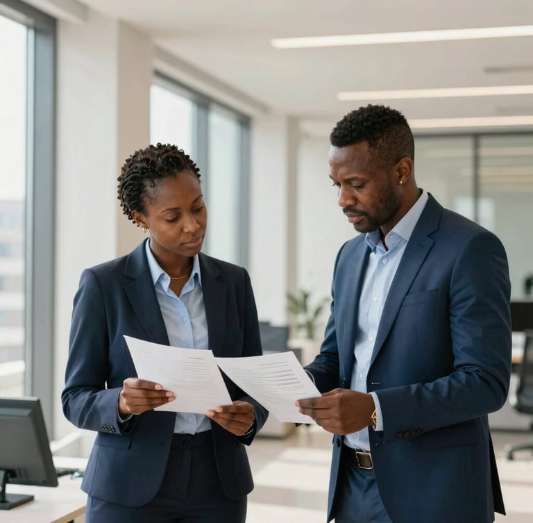 Editorial medium-wide shot of two African financial professionals analyzing regulatory documents in a sunlit Casablanca office, professional studio lighting, sophisticated blue tones, 35mm.