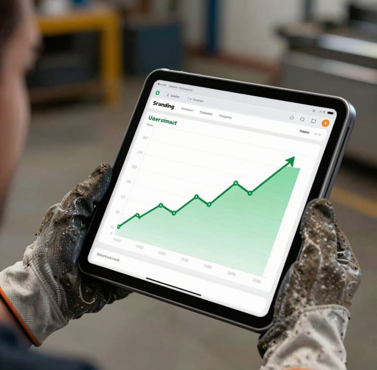 Close-up of a rugged industrial tablet displaying a clean marketing dashboard with rising green line charts, held by hands wearing work gloves in a workshop.