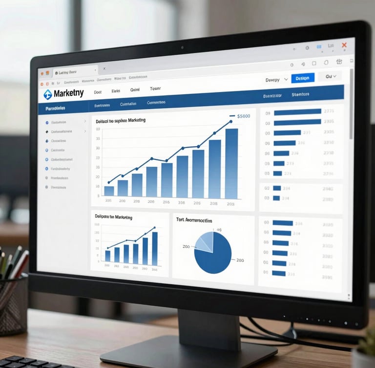Macro shot of a high-contrast digital marketing dashboard on a monitor in a clean office, displaying positive growth charts and inquiry metrics under natural overcast daylight