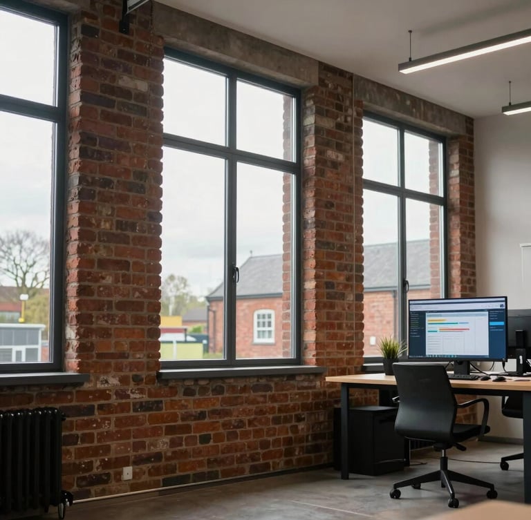 Wide environmental shot of a modern, clean brick-walled office in Burton-on-Trent, natural overcast daylight pouring through large windows, a digital marketing dashboard visible on a clean monitor in the background, sharp focus, professional.