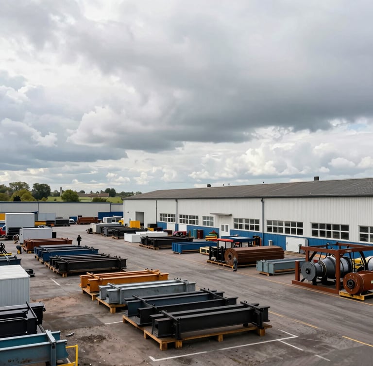Wide environmental shot of a busy regional manufacturing yard in the Midlands with steel components ready for transport, overcast British daylight