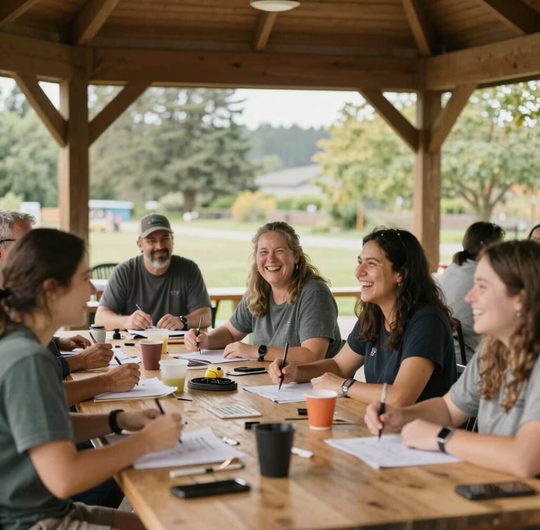 Candid shot of a cheerful outdoor community workshop under a wooden park pavilion, diverse participants laughing and learning, soft natural Pacific Northwest light