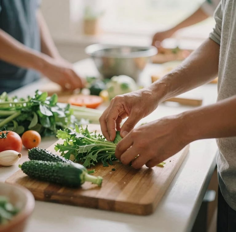 Close-up of active hands preparing fresh vegetables in a bright, warm community kitchen, soft natural daylight, earthy tones, candid 35mm photography.