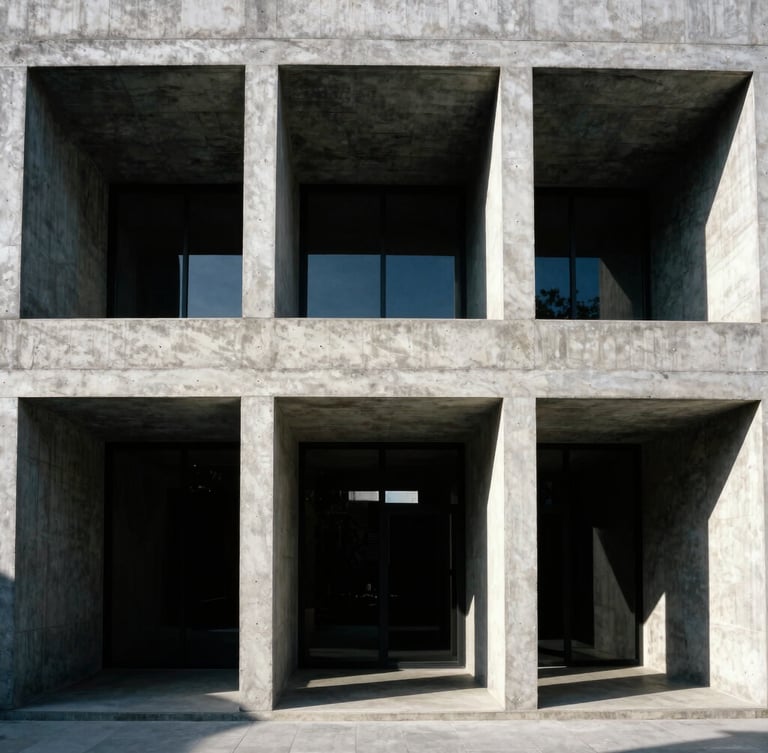 Straight-on architectural elevation of a modern concrete and raw oak building facade, sharp afternoon sunlight, dramatic geometric shadows, 35mm lens