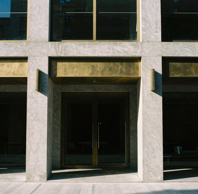 Straight-on architectural elevation of a modern building facade, sharp afternoon sunlight casting geometric shadows, raw concrete and brushed brass details, 35mm film photography.
