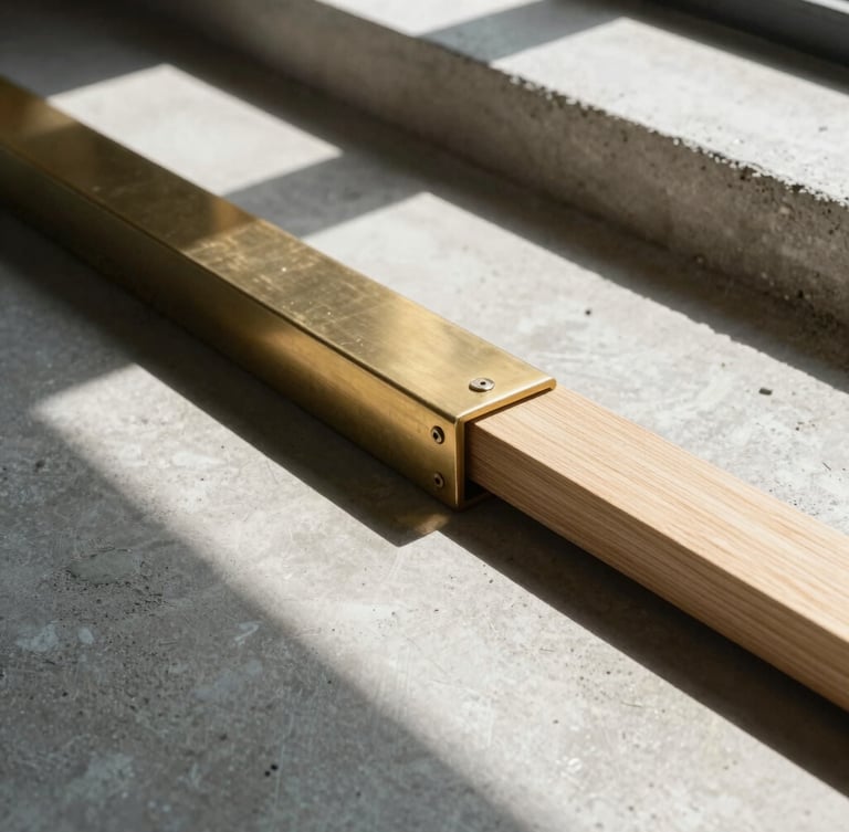 Tight detail shot of raw building materials, brushed brass fixtures against poured concrete and raw oak, natural afternoon light with sharp geometric shadows