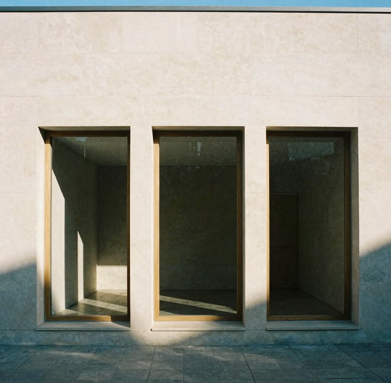 Straight-on elevation of a minimalist limestone building facade, sharp geometric shadows from strong afternoon daylight, raw oak window frames, architectural film photography, 35mm lens.