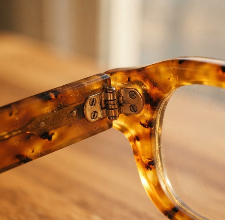 A macro close-up of thick, hand-polished amber acetate eyewear catching warm golden hour window light, showing the rich tactile texture and heavy frame joints, 35mm photography.
