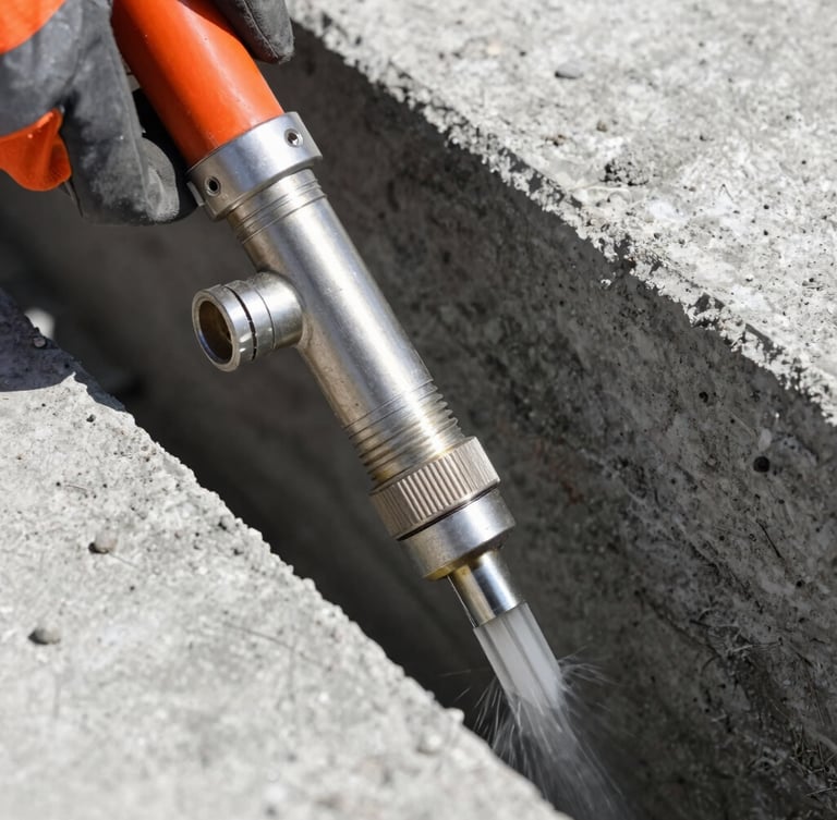 Close-up of high-pressure chemical injection nozzle entering a concrete fissure, harsh direct sunlight, industrial documentary photography, 35mm lens