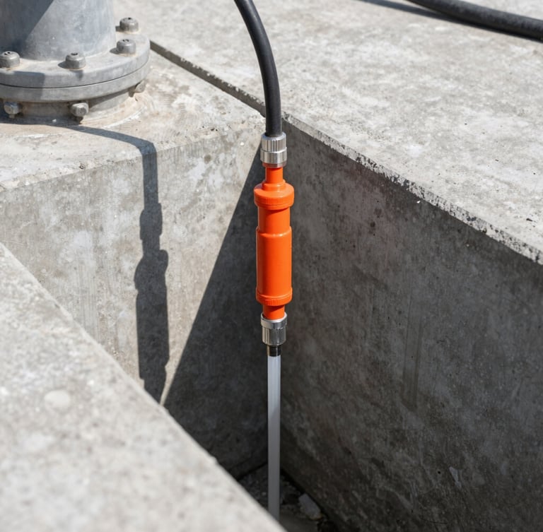 Industrial documentary photography of high-pressure chemical injection into a concrete fissure, high-contrast cool gray concrete, safety orange injection port, sharp industrial focus, harsh direct sunlight, 35mm lens.