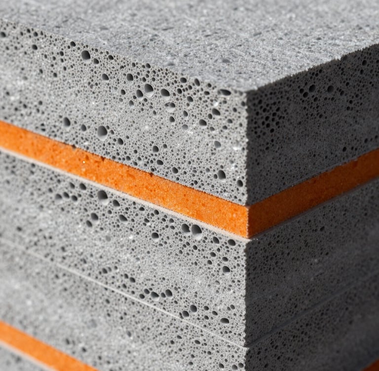 Macro detail shot of a multi-layered thermal insulation board, showing the dense cellular structure, high-contrast industrial studio lighting, sharp focus, technical cross-section