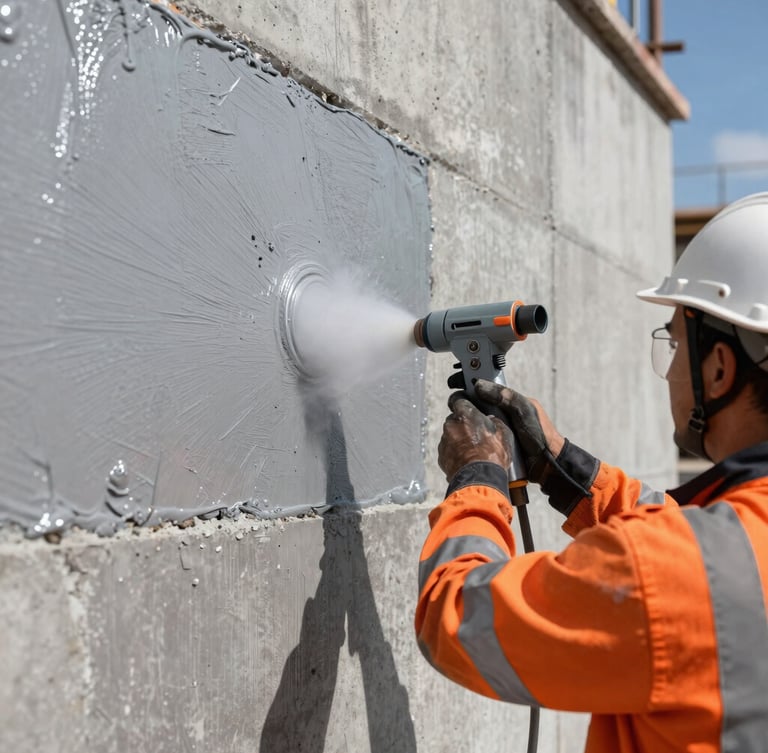 Industrial construction site in harsh direct sunlight, close-up of a worker applying heavy-duty polyurethane thermal insulation spray to a concrete wall, safety orange accents, technical focus, 35mm lens