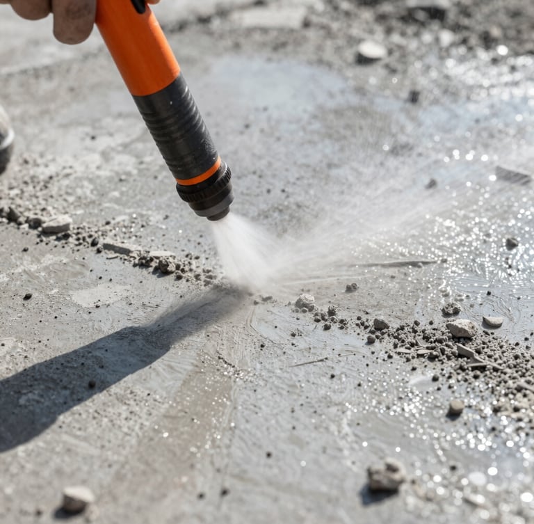 Macro detail shot of concrete substrate preparation, high-pressure water blasting clearing dust and debris from a textured concrete surface, sharp focus, water droplets catching harsh direct sunlight.