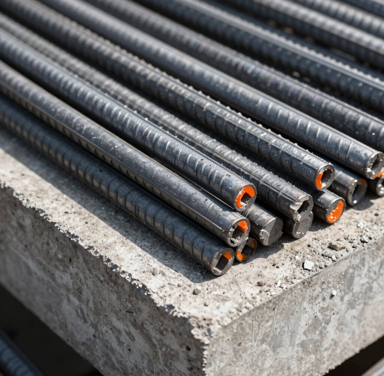 Macro shot of treated steel reinforcement bars inside a concrete cutout, industrial environment, sharp focus, high-contrast cool grays