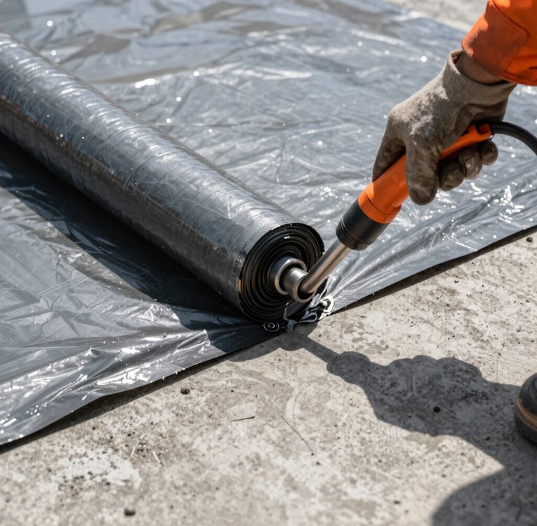 Macro detail shot of a heavy-duty torch-applied waterproofing membrane being expertly sealed on a concrete substrate, harsh direct sunlight, high-contrast, industrial documentary photography style.