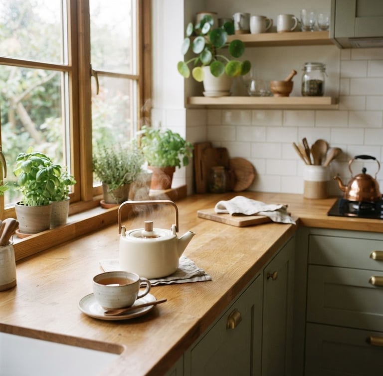 A bright, clean modern kitchen with warm wooden countertops, soft natural window light illuminating a freshly brewed pot of tea, peaceful domestic atmosphere.