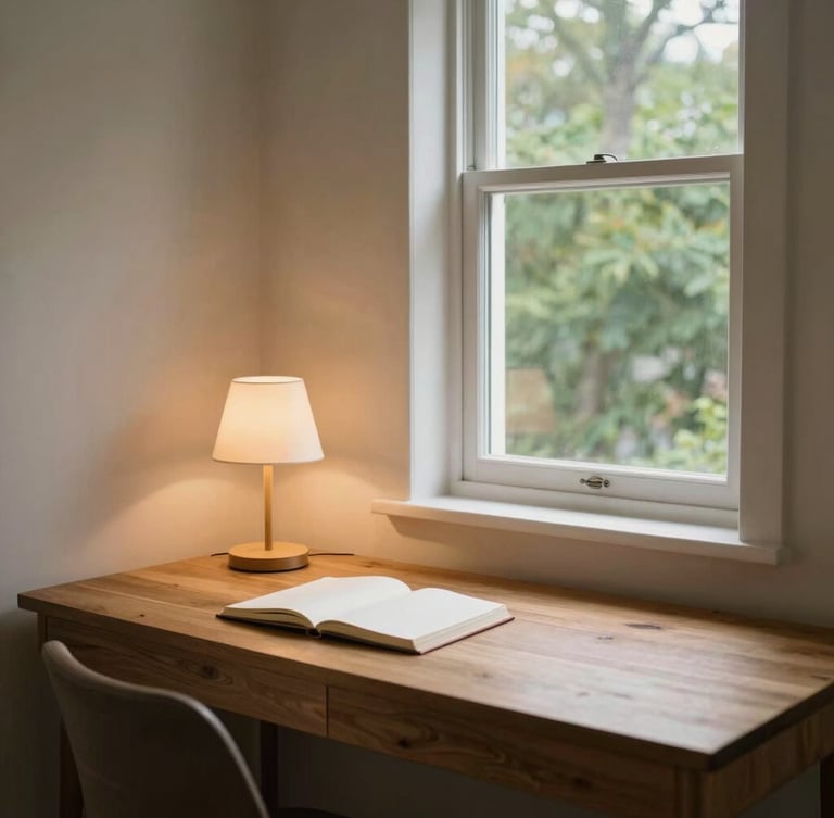 A cozy, warm-toned study nook in a modern home, a wooden desk with a notebook, a soft reading lamp, and a window showing green trees outside, 35mm lens.