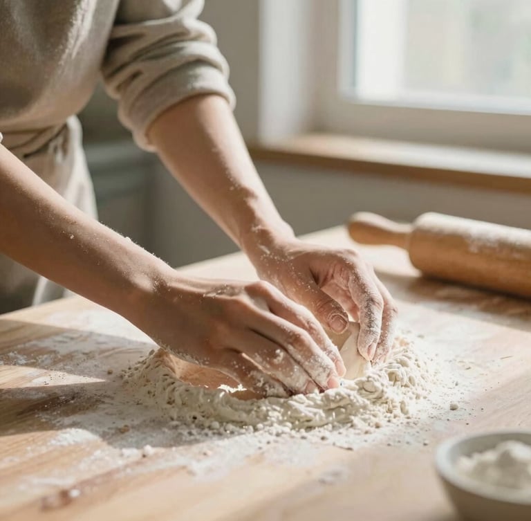 Hands dusting white flour over a wooden worktable, warm morning daylight streaming through a window, soft focus, authentic baking process