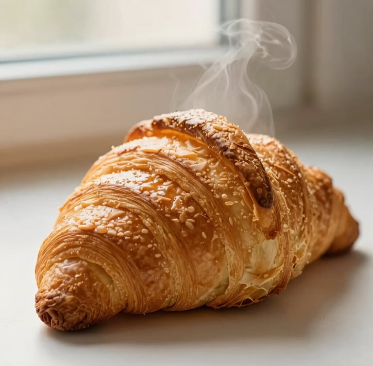 Close-up macro shot of freshly baked golden croissants with visible lamination, steam rising nearby, soft morning daylight, 35mm photography
