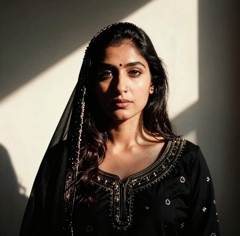 Stark high-contrast portrait of Pawanpreet Kaur, hard directional natural light, deep shadows, 35mm film aesthetic, looking directly at camera, off-center composition