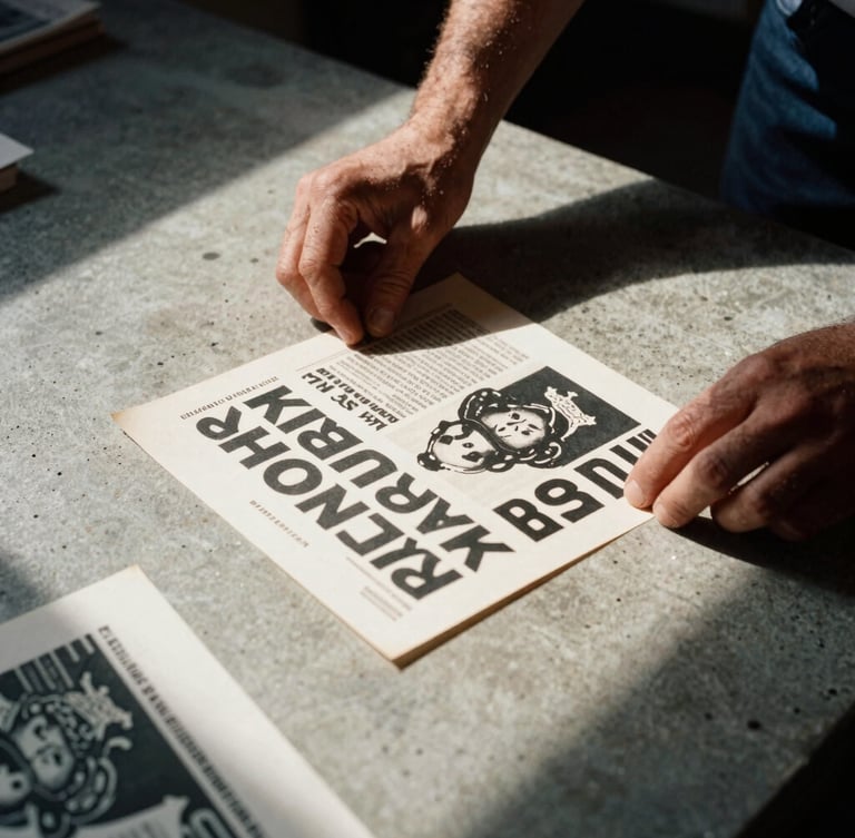 Stark editorial close-up of hands arranging printed campaign proofs on a heavy concrete table, harsh directional light, deep shadows, 35mm film.