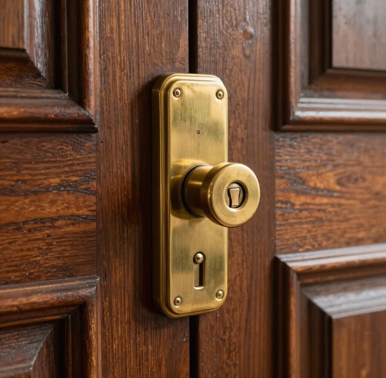 Close-up of a premium brass deadbolt lock cylinder installed on a restored dark oak brownstone door, warm morning light, sharp focus on the keyway.