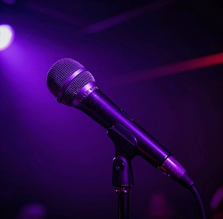 Close-up of a professional dynamic microphone reflecting vibrant purple and ultraviolet neon lights in a dark club environment, moody nightlife photography