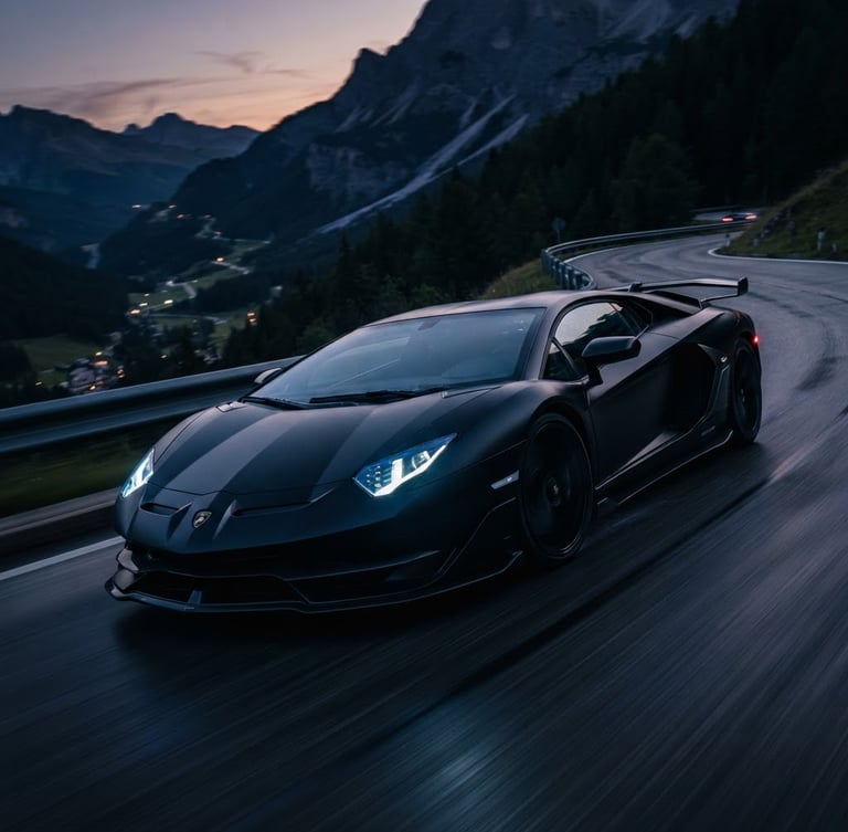 Low-angle dynamic rolling shot of a matte black supercar curving on a mountain pass at dusk, sharp electric blue headlights cutting through the twilight, motion blur.