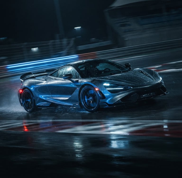 Low-angle dynamic rolling shot of a modern supercar on a wet racetrack, dramatic low-key lighting with electric blue reflections, cinematic anamorphic lens