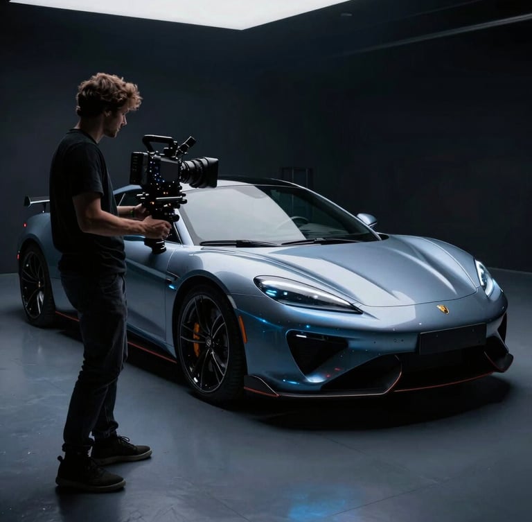 A professional male automotive videographer with a high-end cinema camera rig filming a luxury sports car in a moody, dark-lit detailing studio with electric blue accents