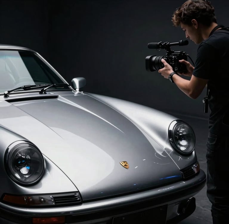 Low-key dramatic close-up of a professional automotive videographer filming a classic sports car in a moody detailing studio, sharp metallic silver reflections, high contrast.