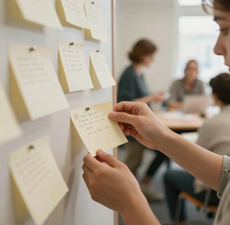 A collaborative workshop setting with hands pinning notes to a board, warm ambient daylight, soft focus on the active discussion in the background.