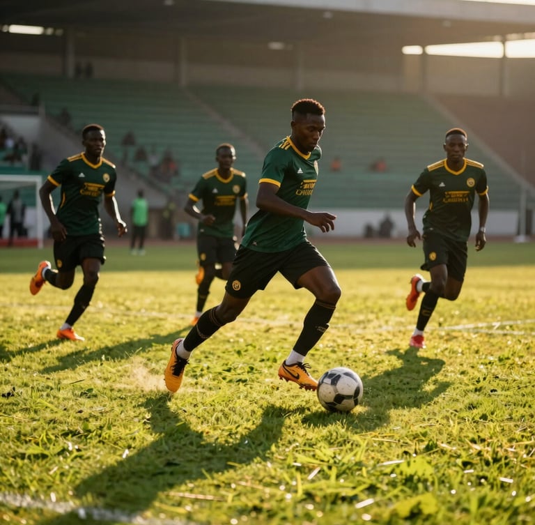 Low-angle dynamic action shot of Ugandan football players competing on a lush green pitch, dramatic late afternoon sun casting long shadows, intense athletic focus, 35mm lens.