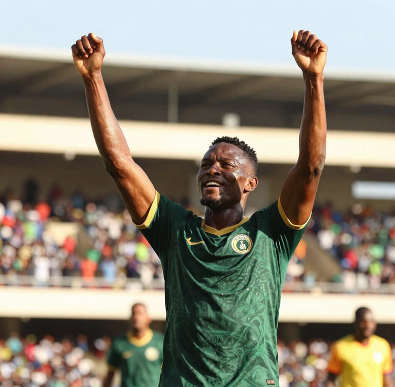 Dynamic close-up of a football player celebrating a goal on a sunny afternoon in Kampala, arms raised, crowd blurred in background