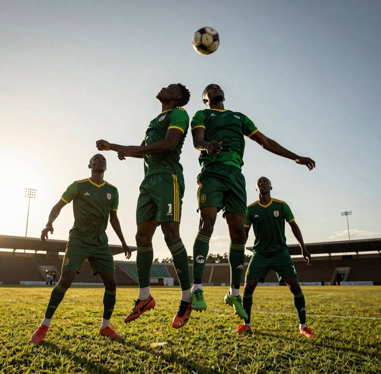 Low-angle action shot of Ugandan football players competing for a header under dramatic late-afternoon Kampala sun, deep green grass, high-contrast sports photography
