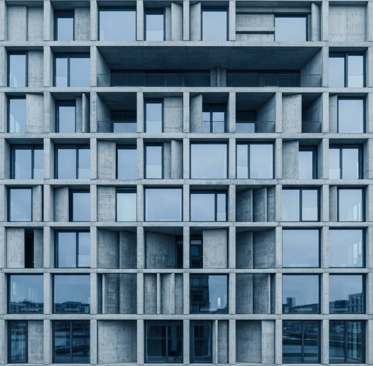Straight-on architectural photography of a modern concrete building facade with clean geometric lines, bright neutral daylight, sharp focus, technical precision, desaturated blue tones