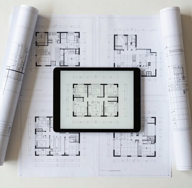 Flat-lay of technical engineering documents, blueprints, and a digital tablet showing architectural plans, clean workspace setup, neutral daylight